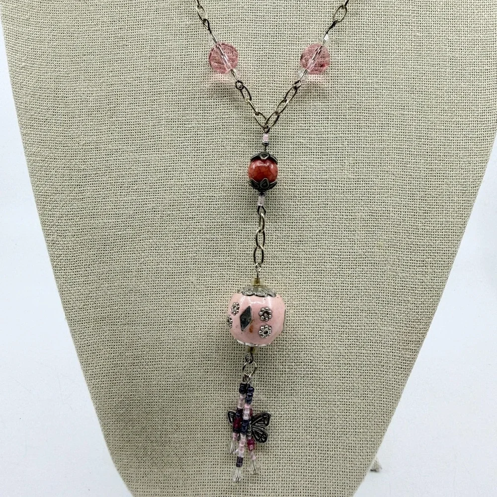 Pink Orange Beaded Butterfly Tassel Long Pendant Necklace Boho Cottagecore Y2K